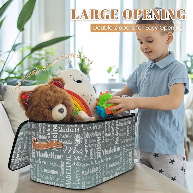 Custom Storage Basket with Name, Personalized Keepsake Box with Zipper Lid, Foldable Fabric Memory Bin Large capacity with Handle Gradient Grey Green