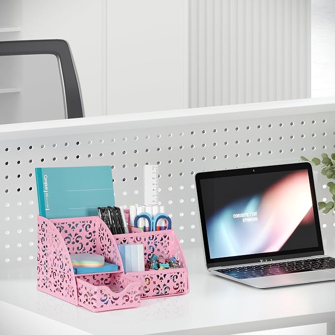 EasyPAG Desk Organizer and Pen Holder for Desk, Mesh Office Supplies Storage Caddy with Drawer for Small Space, Desktop Organizer for Home Office, Pink
