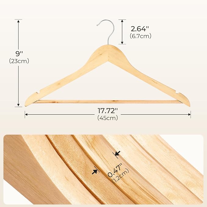 HOUSE DAY Premium Wooden Hangers 50 Pack - Heavy Duty & Durable Coat Hanger | Natural Wood Suit Hangers, 360° Swivel Hook & Pant Bar, Ideal for Jackets, Dresses, Shirts, Perfect for Closet Organization