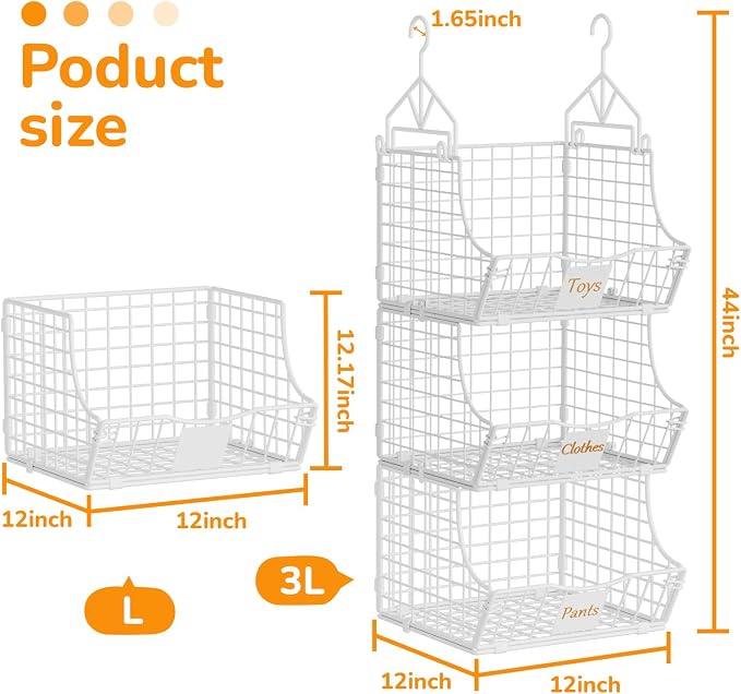 Hanging Closet Organizers and Storage, 5 Tier Closet Shelf Clothes Organizer with 2 S-Hooks, Multi-Functional Iron Wire Baskets, for Clothing, Sweaters, Handbags, Hat, Canned