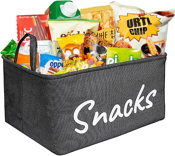 Snack Organizer Basket for Home Office: Snack Storage Bin for Pantry Shelf Countertop (Black)