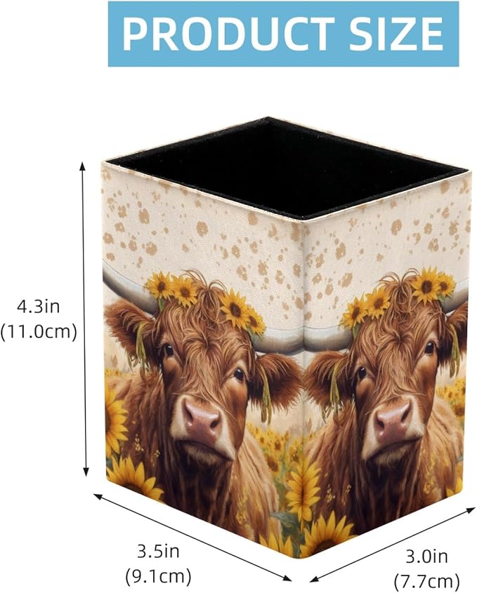 Pen Holder for Desk, Highland Cow Sunflowers Pencil Holder, Pen Cup Functional Desk Organizer for Office Supplies