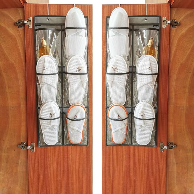 2 Packs Over The Door Hanging Closet Shoes Holder Organizer Shoe Storage Shoe Rack with 6 Pockets (Clear PVC Pockets)