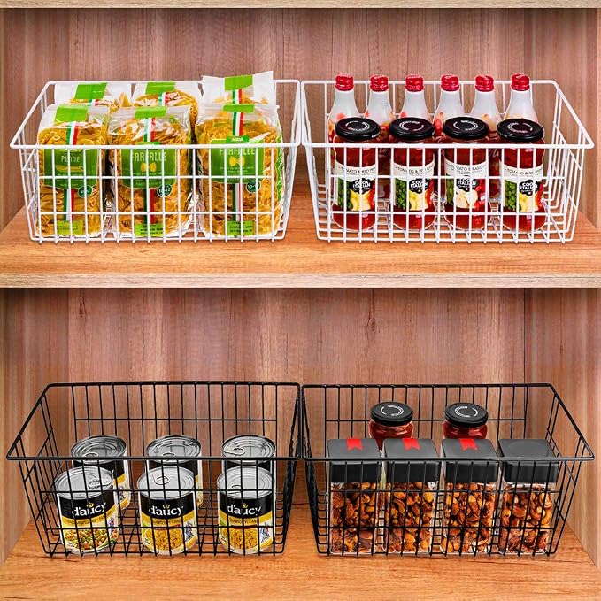 SANNO Freezer Basket Organizer, Refrigerator Metal Wire Storage Divider, Household Container Bins with Handles for Kitchen, Bathroom, Office, Camping, Black,Set of 4