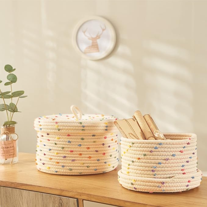 Esme L&H Round Storage Baskets with Lids,Small Storage Baskets Set of 2,Cotton Rope Woven Storage Basket,Small Decorative Basket, Colorful Rainbow Pompom, Cute Storage Bins, Box for storage
