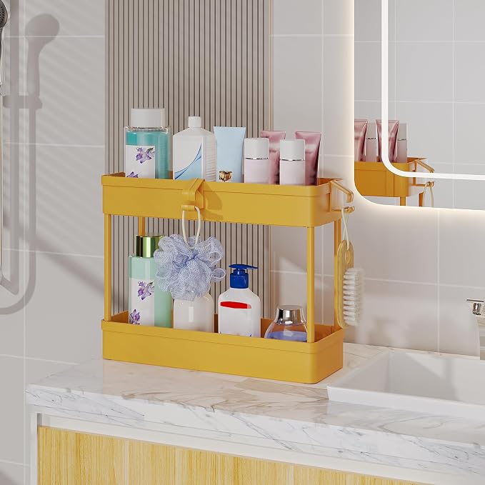 Under Sink Organizers Storage Rack, 2 Tier Under Bathroom Cabinet Shelf Basket, Multi-Purpose Storage Cart with Hooks for Kitchen Bathroom Bedroom Livingroom, Yellow
