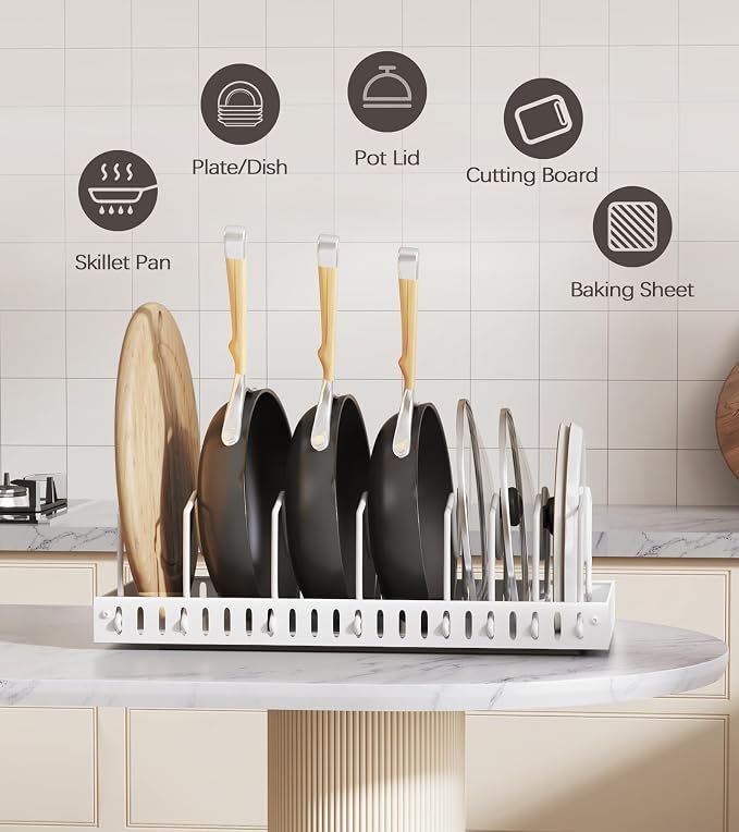 Lozovin Pull Out Pots and Pans Organizer Under Cabinet, Sliding Lid Holder and Pan Rack in Kitchen, Slide Out inside Cabinet Storage for Pot Lid, Bakeware, Dishes, 8 Adjustable Dividers, 1 Pack White