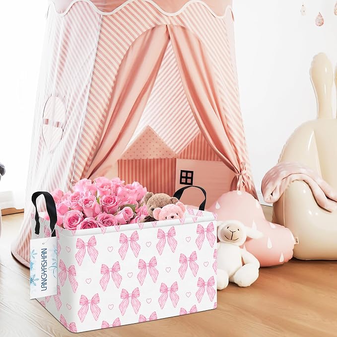 Rectangular Collapsible Pink Bowknot Storage Basket Organizer | Storage Bin Foldable Canvas with Handles for Organizing Home Kitchen Children Toys Office Closet Shelf Baskets