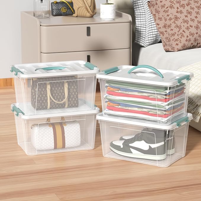 14 Quart Stackable Storage Bin with Latching Lid, Plastic Container Box to Organize Office, Crafts, Clear Base and White Lid, 8-Pack