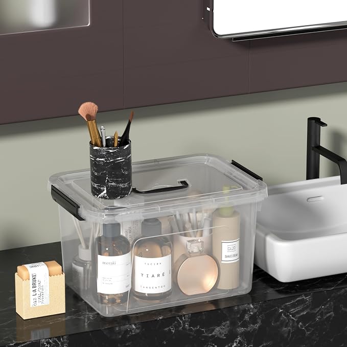 Wekioger 4 Packs Plasitc Lidded Storage Bins, Clear Latching Boxes with Handles (10 Quart)