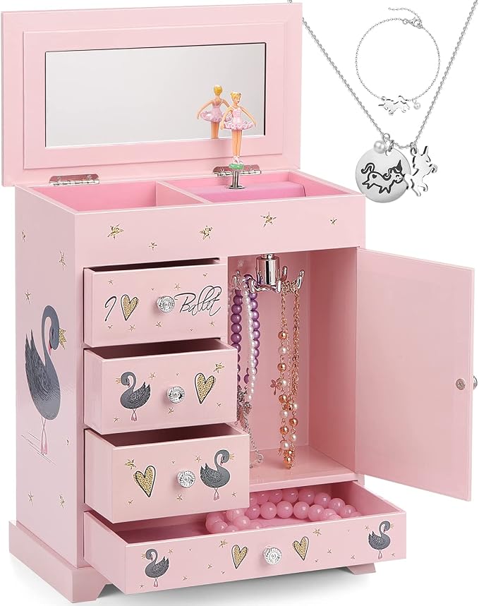 Jewelry Box for Girls 8.9 x 4.92 x 10.98 inch Large 5 Layer Music Box with Spinning Ballerina with Unicorn Necklace & Bracelet Set Jewelry Organizer for Kids Birthday Christmas Gift Pink