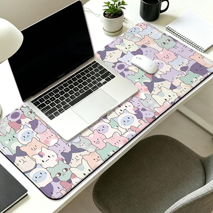 Cute Pink Cat Gaming Desk Mat, Computer Keyboard Large Extended Kawaii Pastel Cat Mouse Pad for Office and Home, 31.5×11.8 Inches, XL