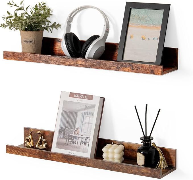 Muzilife 24" Wood Floating Shelves Wall Shelf with Lip, 2Pcs, Brown | FSC-Certified Wood | 20 lbs Capacity | Space-Saving | Hanging Shelf | Wall Decor| Bedroom,Living Room,Bathroom,Kitchen,Office
