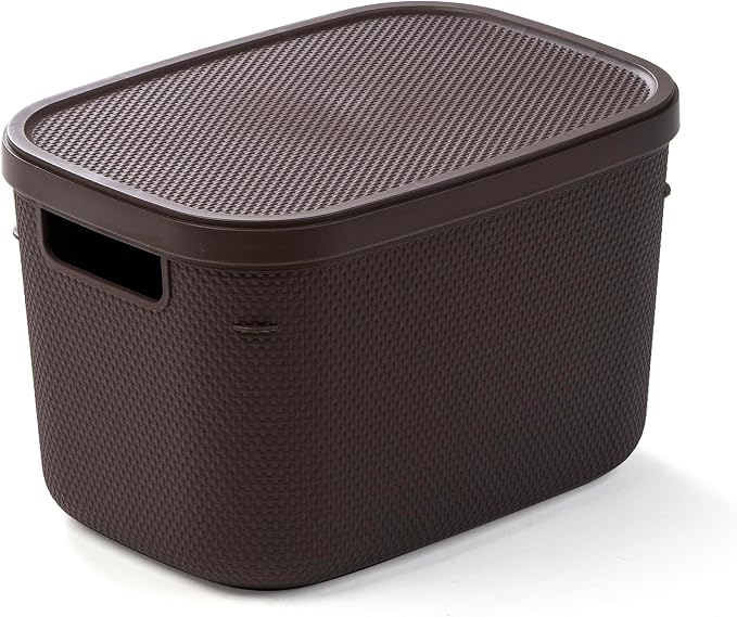 BINO | Plastic Storage Bins with Lids, 5.5 Liter - 3 Pack, Dark Brown | THE TWILL COLLECTION | Plastic Bins for Organization | Woven Storage Baskets for Organizing | Pantry Shelf Organizer Basket Bin