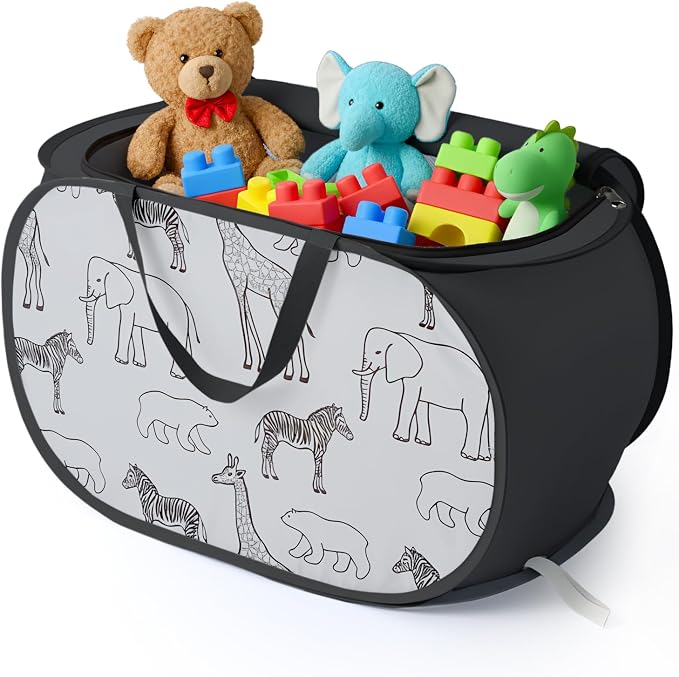 Stuffed Animal Storage Basket with Zipper Lid - Collapsible Toy Basket with Handles - Foldable, Lightweight Sturdy Fabric Animal Print Toy Basket Bin for Kids Room, Nursery, Playroom, Bedroom, Black