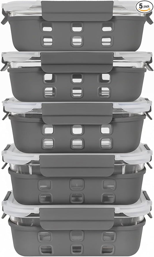 ECOBERI Glass Meal Prep Containers with Silicone Sleeves, 5 Piece 4.5 Cup Set, Borosilicate Glass Food Storage with Leak-Resistant Lids, Oven, Microwave, Freezer and Dishwasher Safe.
