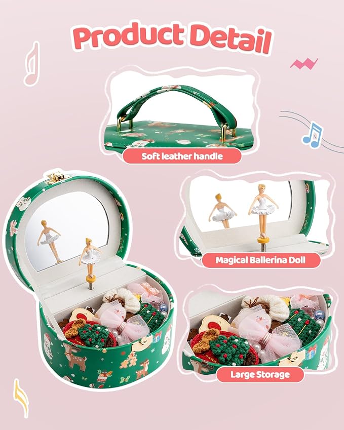 VLANDO 2Pcs Gifts for Girl, Musical Jewelry Box for Girls, Small Kid Music Box with Ballerina for Party Bedroom Decor, Gifts for Girls Kids - Christmas Green