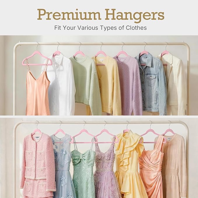 HOUSE DAY Lt Pink Velvet Hangers 60 Pack, Non Slip Clothes Felt Hanger Heavy Duty for Coat, Premium Slim Space Saving Suit Hangers for Closet Organizer, 360° Rotating Silver Hook