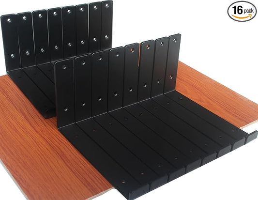 16 Pack - 9.25" L x 6" H x 1.5" W J Lip Shelf Brackets Rustic Farmhouse Iron Wall Floating Shelf Bracket Metal Shelf Bracket Industrial Shelf Supports with Screws Black