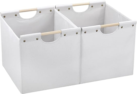 HOONEX Large Collapsible Storage Bins, Linen Fabric, Pack of 2, Storage Baskets with Wooden Carry Handles and Sturdy Heavy Cardboard, for Home, Office, Car, Nursery, White