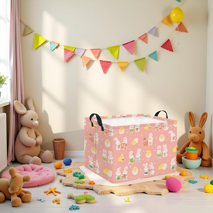 Rectangular Easter Basket for Home Kitchen Baby Girls Basket Cute Storage Bin Organizer Shelf Book Room Decor(Pink Cute Bunny)