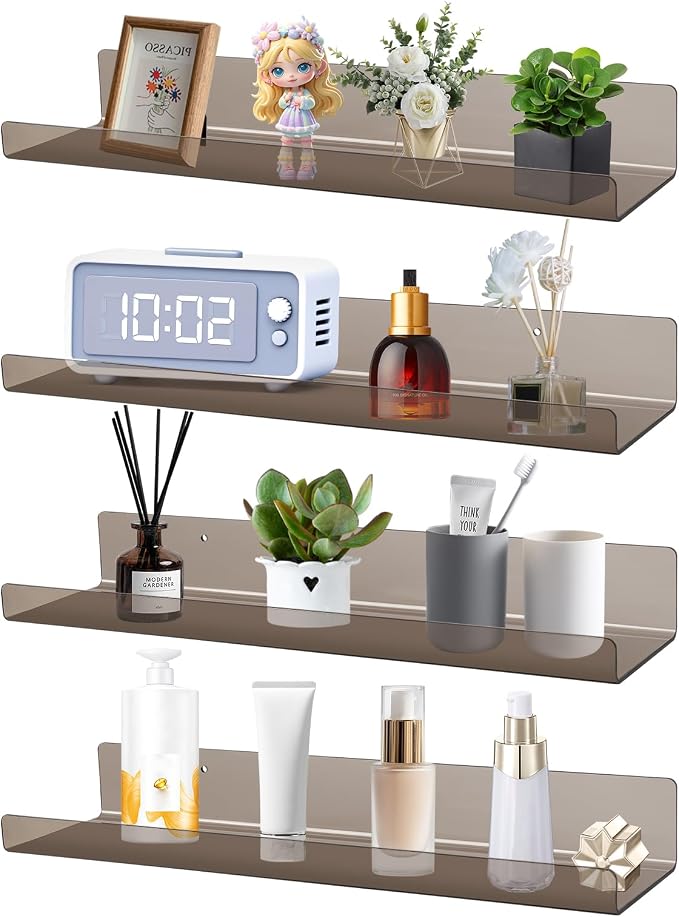 Dezzer 4 Pack Acrylic Shelves for Wall, 15" Acrylic Floating Shelves for Bathroom Bedroom, Invisible Bookshelf Wall Ledge Storage Shelf Books Perfume Toys Action Figure Display Shelves, Clear Gray