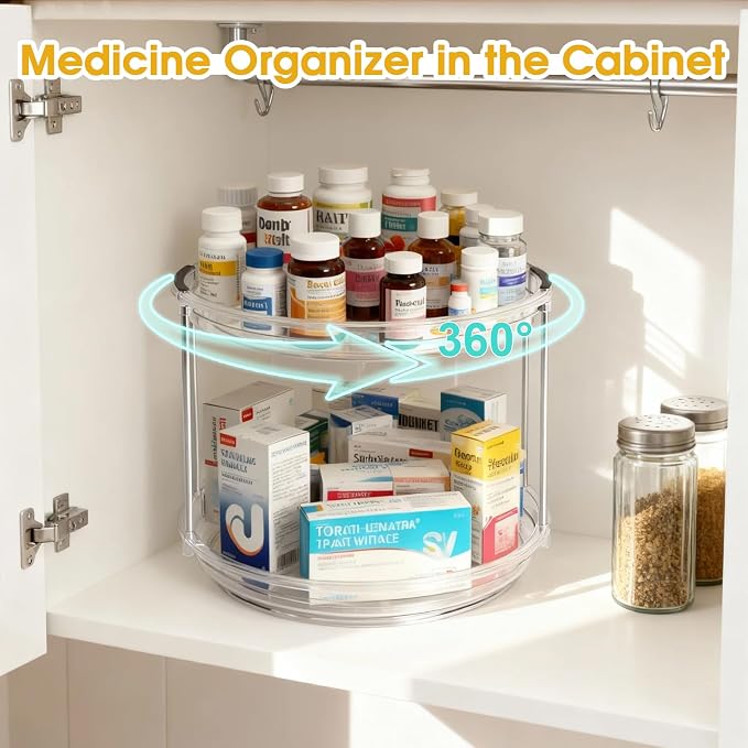 2 Pack Medicine Cabinet Organizer, Rotary Turntable Organizer for Medicine and Vitamin Bottles, Under Sink Organizer for Medicine, Bathroom Cabinet Storage, Easy Assembly, Transparent Clear