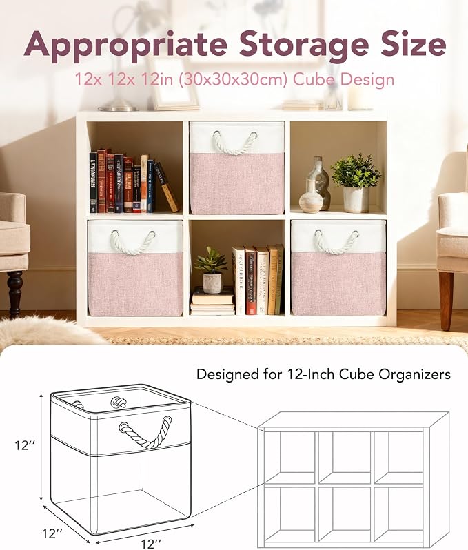 12x12 Storage Cube Bins, 6 Pack Reinforced Bottom Cardboard Foldable Box, Organizer for Closet Shelves, Heavy Home Storage Baskets (White Pink)