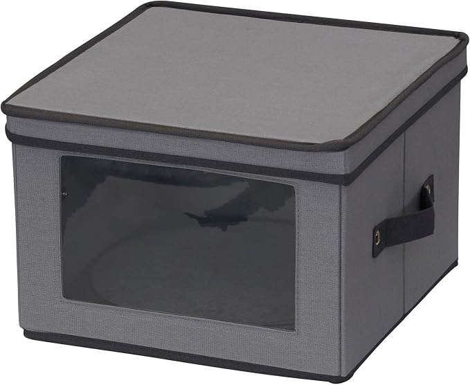 Household Essentials Dinner Plate Storage Box, Strong Frame and Handles, Windowed Panel, Fully Removable Lid, Stackable and Foldable, Perfect for Preserving Your Dinnerware, Gray