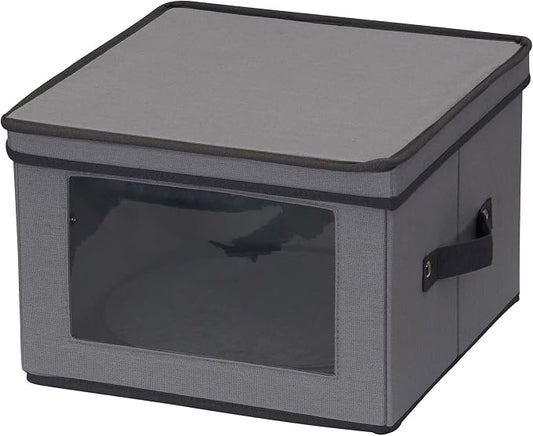 Household Essentials Dinner Plate Storage Box, Strong Frame and Handles, Windowed Panel, Fully Removable Lid, Stackable and Foldable, Perfect for Preserving Your Dinnerware, Gray