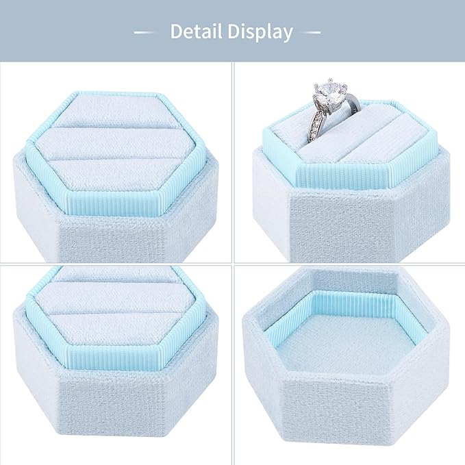 DesignSter Velvet Ring Box Hexagon - Premium Gorgeous Vintage Double Ring Display Holder with Detachable Lid for Proposal, Engagement, Wedding, Ceremony (Light Blue)