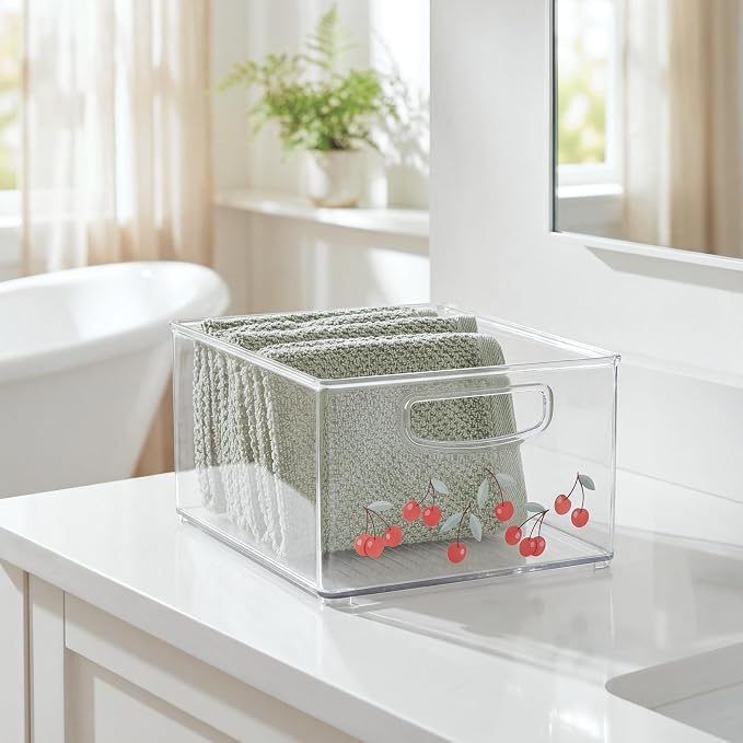 iDesign Bathroom Organizer Bin, Decorative Print - Stackable Plastic Storage Basket for Makeup & Vanity Organization - Clear/Red