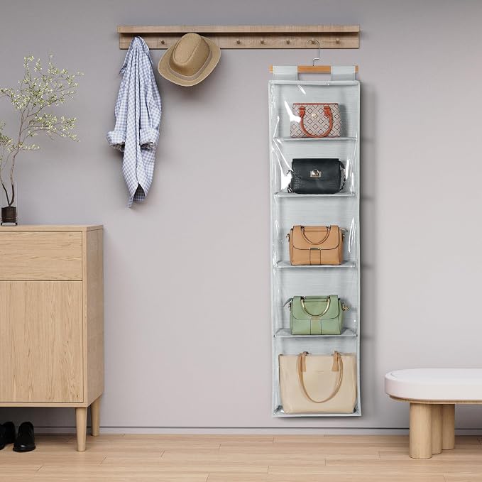 Syeeiex Hanging Handbag Purse Organizer with Zippers, 5 Mesh Shelves,Clear Slubbed Fabric+PVC Hanging Closet Bag Organizer, Dustproof Handbag Closet Tote Storage Bag for Door, Wardrobe, Shelf Rack