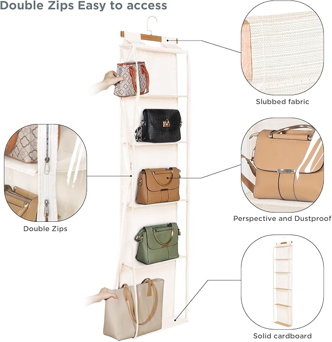 Syeeiex Hanging Handbag Purse Organizer with Zippers, 5 Mesh Shelves,Clear Slubbed Fabric+PVC Hanging Closet Bag Organizer, Dustproof Handbag Closet Tote Storage Bag for Door, Wardrobe, Beige