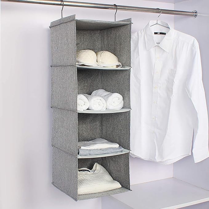 Hanging Closet Organizer 4-Shelf, Oxford Linen Wardrobe Storage, Gray | Easy-mount foldable design holds clothes, handbags, shoes & accessories; washable Oxford fabric, sturdy and space-saving.