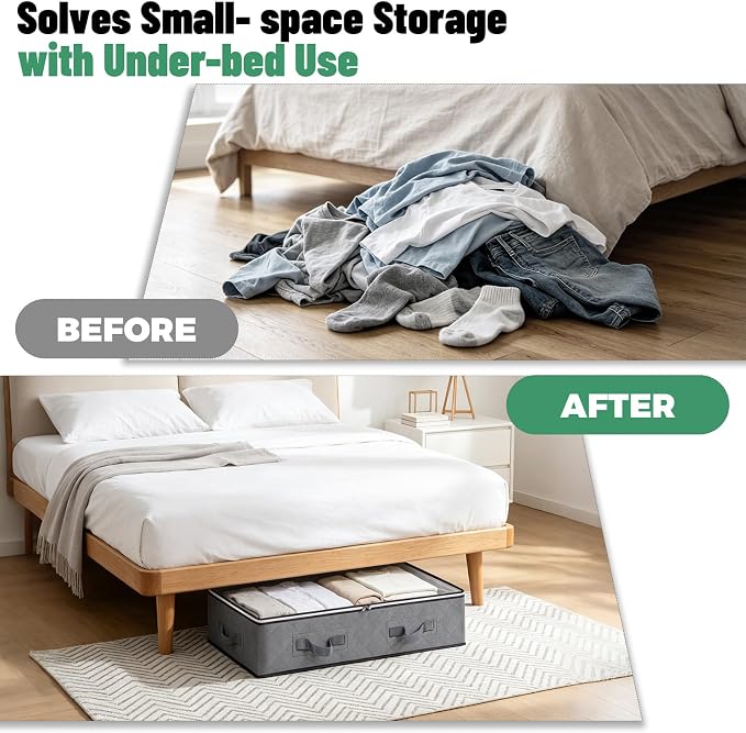 Pterying 8 Pack Under Bed Storage Containers with Transparent Clear Window | Underbed Storage Bins with Reinforced Handles, Dual-Zipper for Clothes, Comforters, Blankets and Bedding, Gray