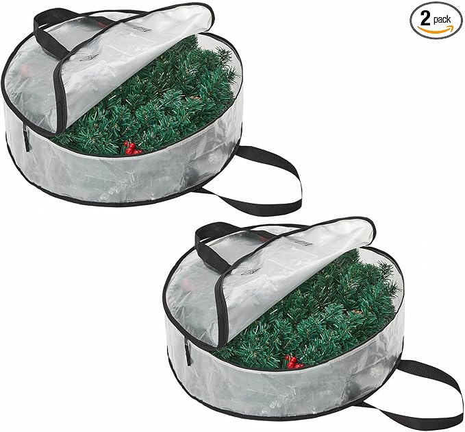 Hayoulabo 2 Pack Clear Christmas Wreath Storage Bags 24 Inch - Waterproof Wreath Container with Dual Zipper and Reinforced Handles for Artificial Wreath, Garland and Holiday Decor Organization