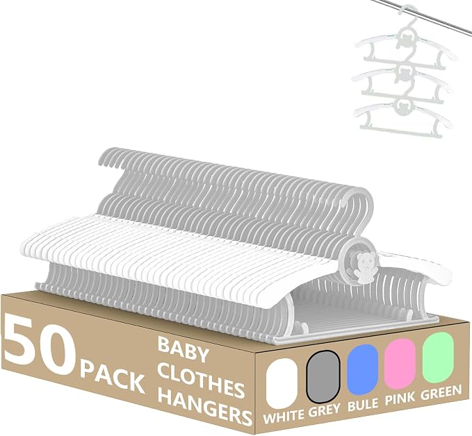 Baby Clothes Hangers 50 Pack, Plastic Kids Hangers Space Saving for Closet | Grey Hanger for Toddler Girl and Boy - Lightweight Anti-Slip Cascading Padded Extendable Adjustable Pant Bear Children Hangar