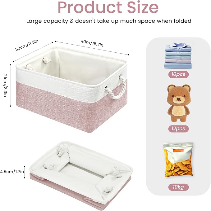 Large Storage Baskets- 15.7x11.8x8.26 inch Storage Bins for Shelves and Closet Organizing, Foldable Fabric Bin for Home Organization Clothes and Laundry (1-Pack, White&Pink)