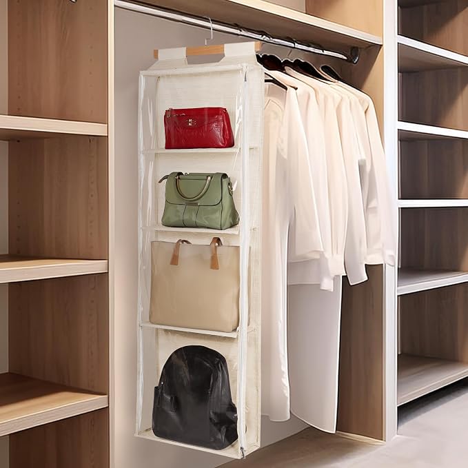 Syeeiex Over The Door Purse Organizer with Zippers, 4 Mesh Shelves,Clear Slubbed Fabric+PVC Hanging Closet Bag Organizer, Dustproof Handbag Closet Tote Storage Bag for Door, Wardrobe, Beige