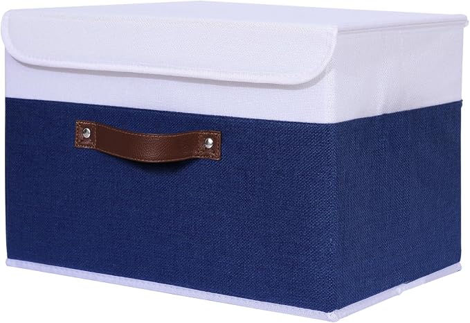 ANMINY Storage Boxes with Lids Washable Decorative Storage Bins Basket with PU Leather Handle Foldable Linen Fabric Storage Cubes Containers for Home Closet Organizer - Deep Blue White, Medium