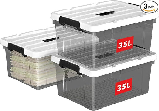 Cetomo Lidded Storage Bin with Handle, Tote Organizing Container with Durable Lid and Secure Latching Buckles, Stackable and Nestable, Plastic, 40 Quart-3 Pack, Clear Black