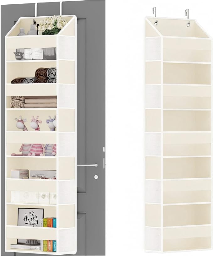 Over Door Organizer with 5 Large Pockets & 10 Mesh Side Compartments - Behind The Door Storage for Bathroom, Bedroom, Closet, Pantry, RV & Nursery - Baby Room Organizer Solution - Beige