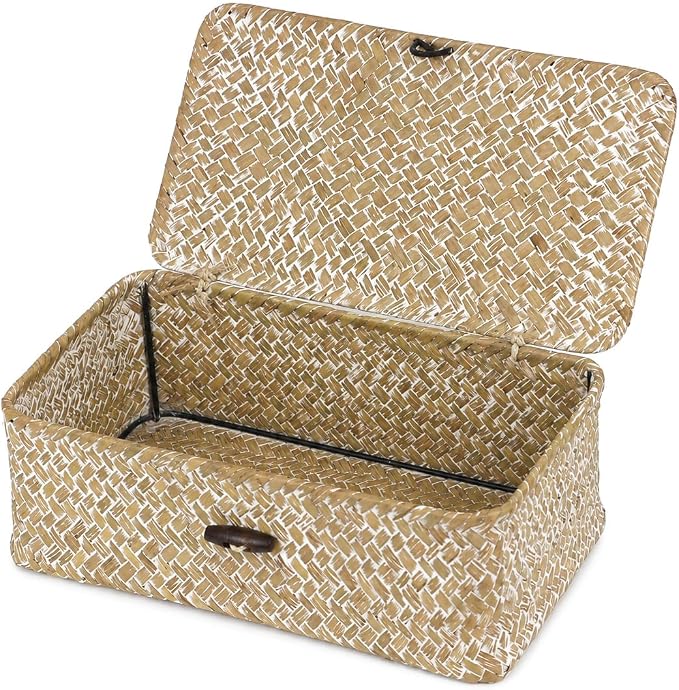 Wicker Basket with Lid, Natural Seagrass Storage Baskets for Organizing, Woven Basket for Storage, Decorative Boxes Bins with Lids Home Organizer Decor (Whitewash, 9.05" x 5.11" x 3.34")
