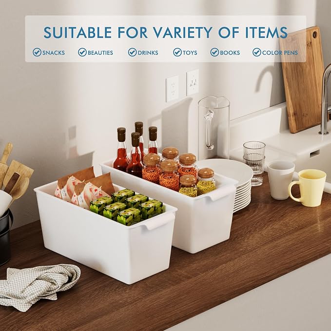 Plastic Storage Bins 6 Pack, Front Handle Design, 11"x5" Pantry Organization and Storage Open Top Baskets for Shelves Closet Cabinet Sink Counter Cupboard Drawer Rridge (White)