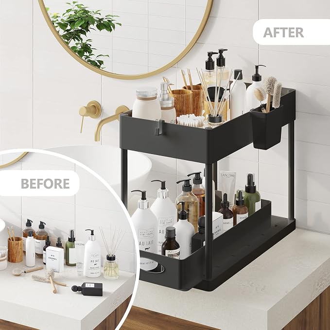 Hearth & Harbor 2-Pack Black Under Sink Organizers with Hanging Hooks and Non-Slip Rubber Legs