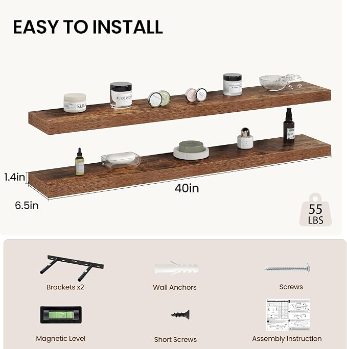 Vivelove 40 Inch Floating Shelves Wall Mounted for Display, 6.5 Deep Duty Shelves with Invisible Brackets for Living Room,Bedroom,Kitchen, Bathroom Storage & Decor,40" Wx6.5 Dx1.4 H - Rustic Brown