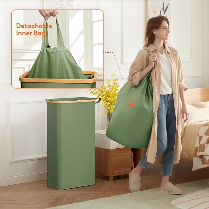 Lifewit 65L Slim Laundry Hamper with Lid, Narrow Laundry Basket with Removable Bag & Bamboo Handles, Fodable Thin Dirty Clothes Hamper for Laundry Collapsible Bin for Bathroom Bedroom Dorm, Green