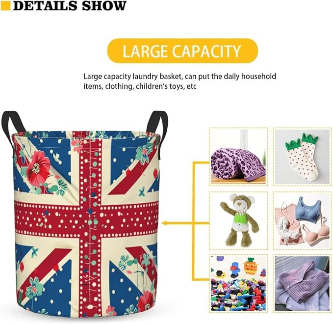 British Flag In The Floral Laundry Basket,Laundry Hamper,Collapsible Storage Bin, Oxford Fabric Clothes Baskets,Nursery Hamper For Home,Office,Dorm,Gift Basket
