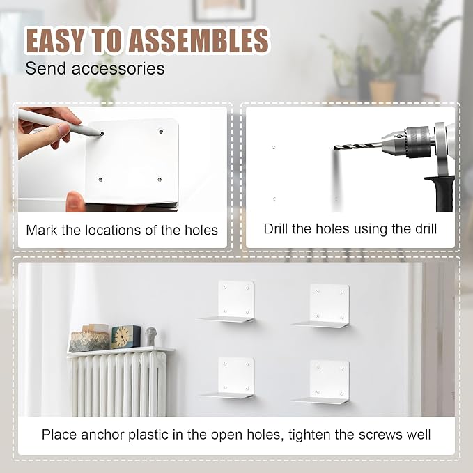 Eapele Invisible Floating Bookshelf, Heavy-Duty Hanging Bookshelves, Steel Constructed Wall Mounted Hidden Bookshelf with Mounting Hardware, 6PCS White
